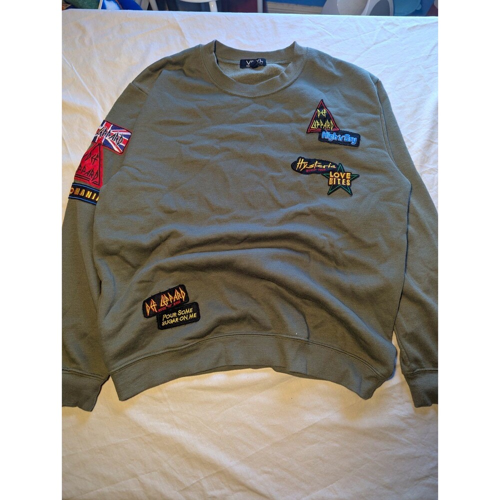 Vinyl Icons Def Leppard Patchwork Embroidered Crewneck Sweatshirt Olive Green M
